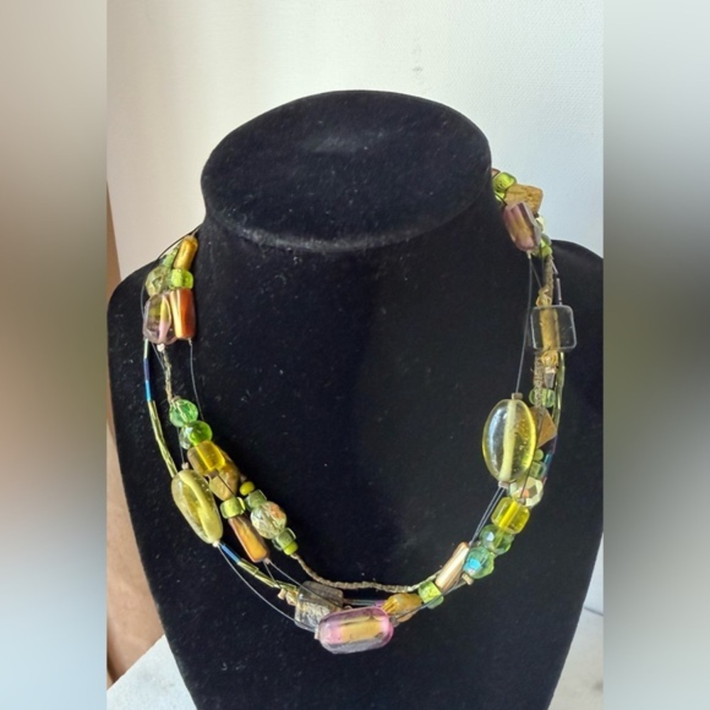 Chico's Multi-Strand Iridescent Green and Gold Bead Necklace
